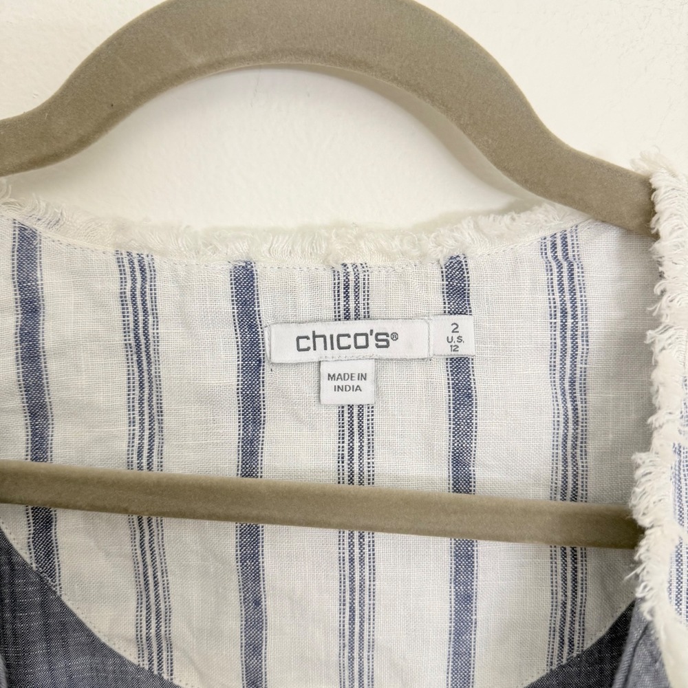 Chicos Blue White Striped‎ Linen Open Front Jacket Frayed Trim Size 2 US 12 - Picture 4 of 10